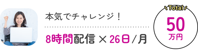 本気でチャレンジ!8時間配信×26日/月 Total:50万円