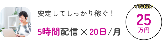 安定してしっかり稼ぐ!5時間配信×20日/月 Total:25万円